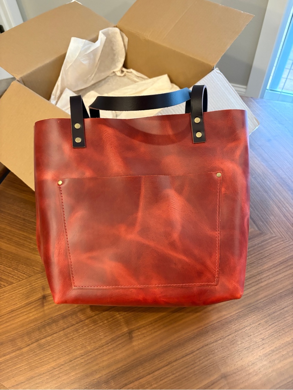 Red Leather Tote Bag with Black Handles